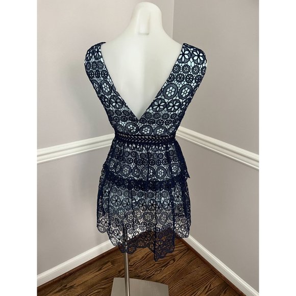SELF-PORTRAIT Guipure Lace V Neck Fit Flare Sleeveless Mini Dress Blue Size 2 - Picture 5 of 5